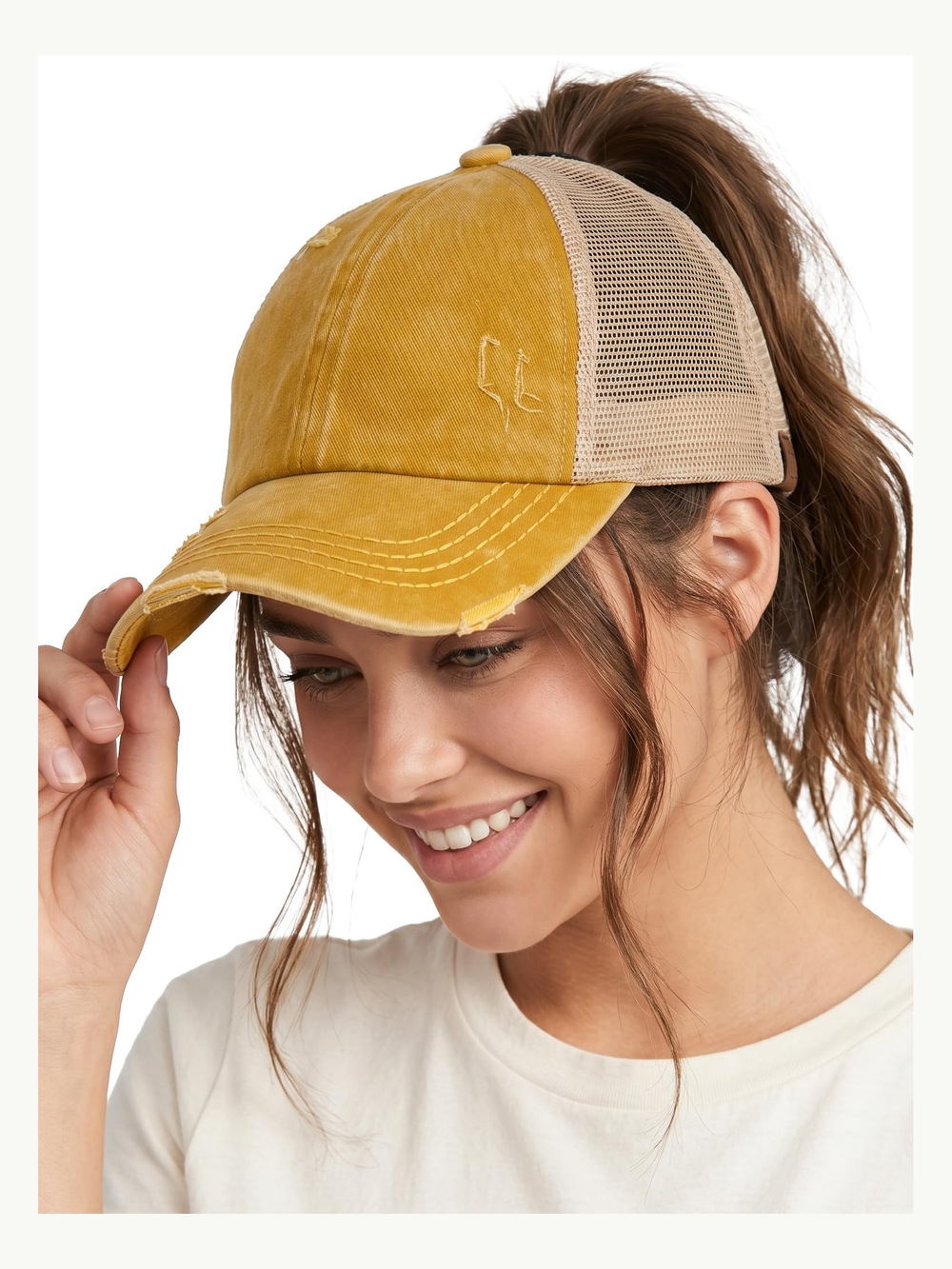 Criss Cross Ponytail Cap, Messy Bun | Beige Mesh, Mustard (Distressed) | Size OS